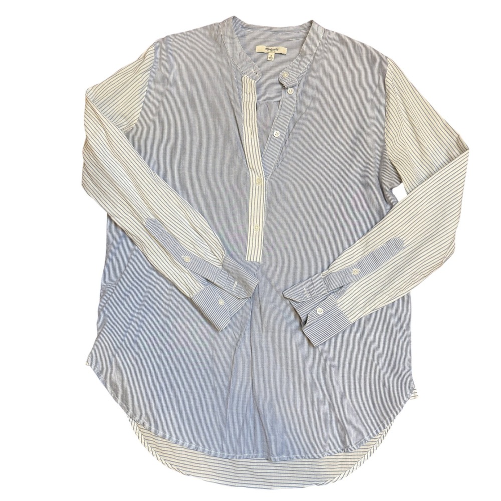 Madewell Blue‎ White Striped Blouse Women's Long Sleeve Split Neck Top